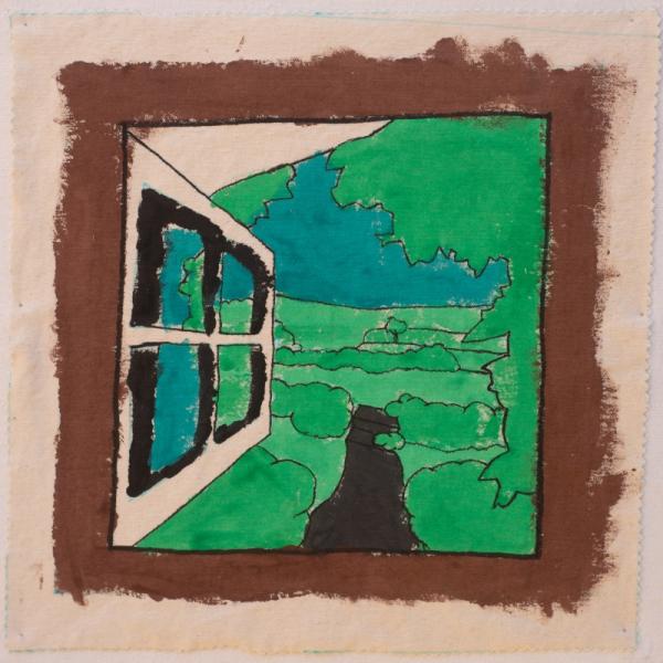 Quilt square with painted fabric showing an open window with green fields outside.