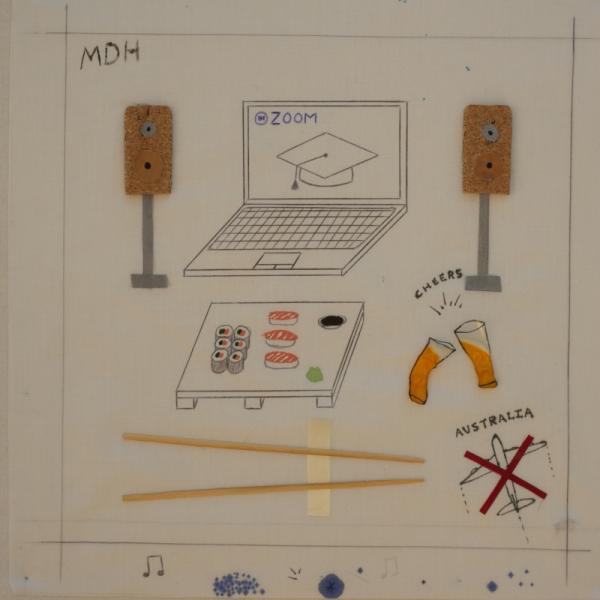 Quilt square with different media added and painting showing a laptop , speakers, sushi and chopsticks, two pints of beer and an airplane labelled Australia with a big red cross through it. 