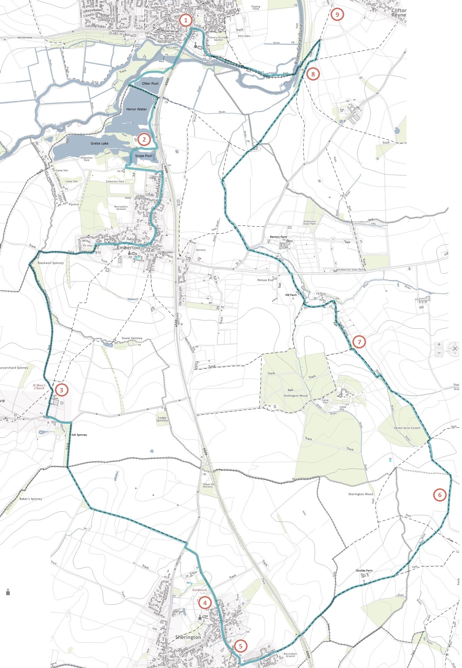 An Ordnance Survey map showing the route of the Mike Mellor way, with numbered points of interest