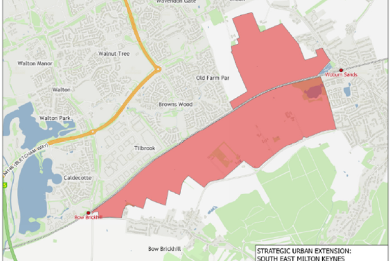 Picture of South East Milton Keynes marking the area that is to be developed