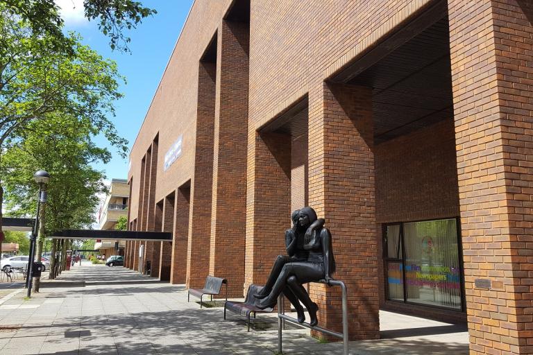 Milton Keynes Central Library which will be the home for the new City Archive from 2023.  Pictured in front is 'The Whisper' sculptural piece by Andre Wallace, 1983