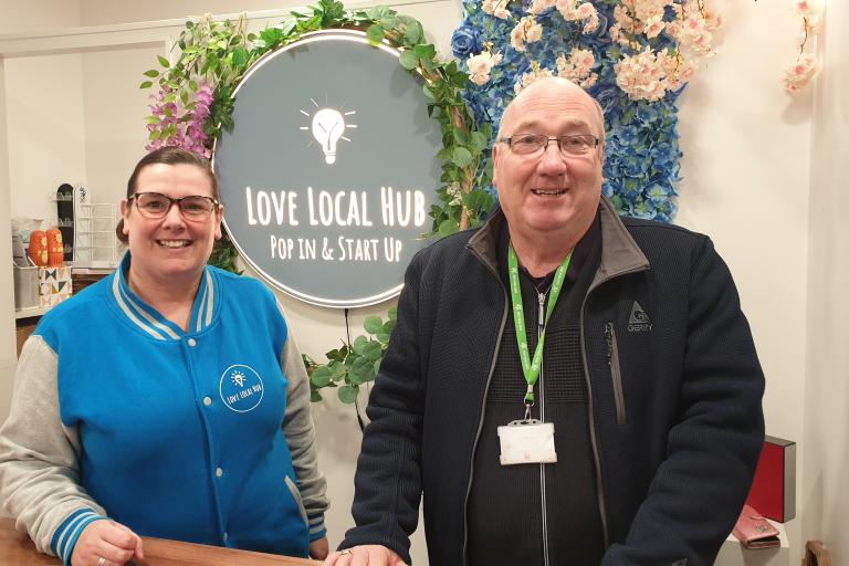 Owner of Love Local Hub stood beside Cllr Robin Bradburn