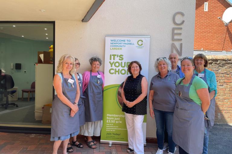 Cllr Jane Carr with volunteers outside The Mead Centre, Newport Pagnell