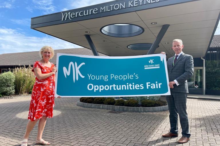 Cllr Zoe Nolan and Mac Heath standing outside the Mercure MK Hotel