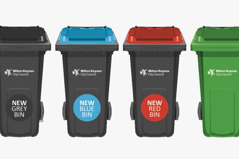 New grey bin, new blue bin, new reg bin, green bin.