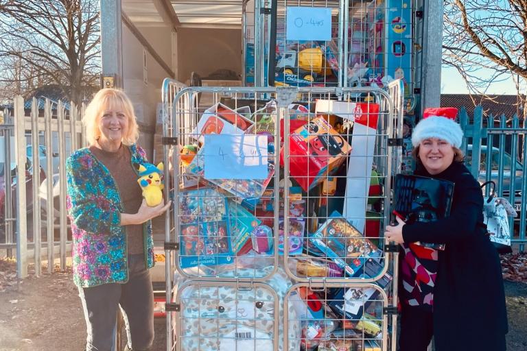 Cllr Zoe Nolan and Cllr Jane Carr with a pile of gifts