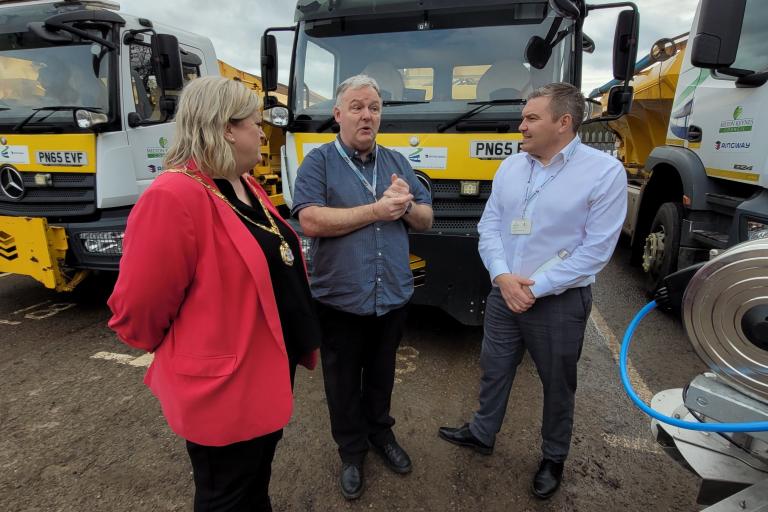 Pictured: Mayor of Milton Keynes, Cllr Amanda Marlow meets some of the winter service team at the Synergy Park depot at Bleak Hall, Chesney Wold.