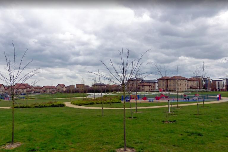 Photograph of an open green space with trees and play area in the foreground, and houses in the background