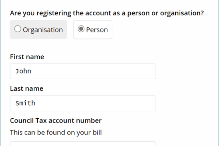 Image to show register screen on Council Tax portal.