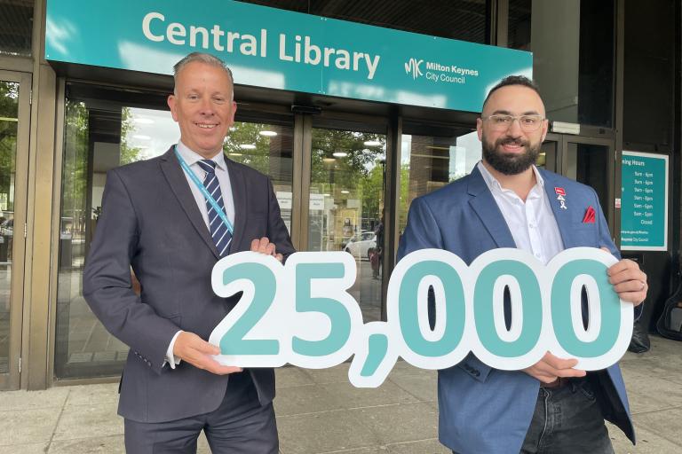 Cllr Joe Hearnshaw with Mac Heath outside Central Library