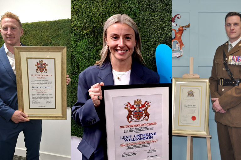Pictured: Left - Dean Lewington, Centre - Leah Williamson OBE and Right - Major Mark Meek of 261 (Horsa) Squadron, 158 Regiment Royal Logistic Corps 