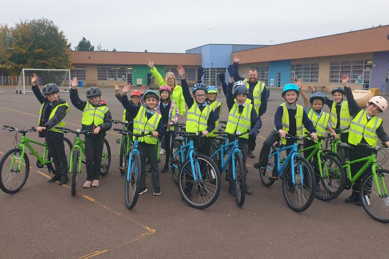 Children learning to cycle at Monkston Primary School