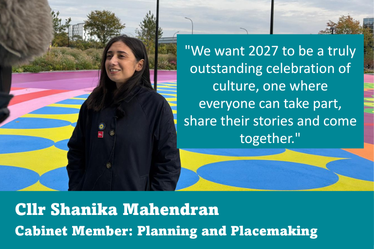 Graphic with Cllr Mahendran and quote