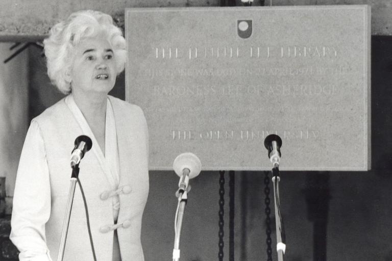 Jennie Lee laying the foundation stone of the Jennie Lee Building on the OU campus, Milton Keynes in 1973.