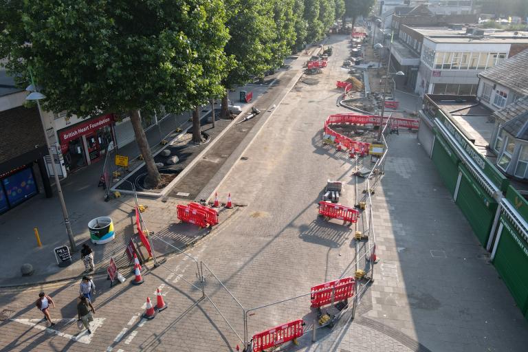 Aerial view of the Queensway street during works from July 2026