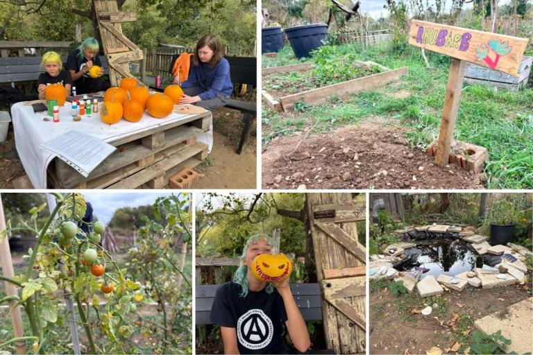 Young people working on the large allotment in New Bradwell