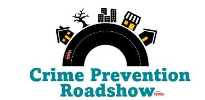Crime Prevention Roadshow logo - trees and houses on a road with a car