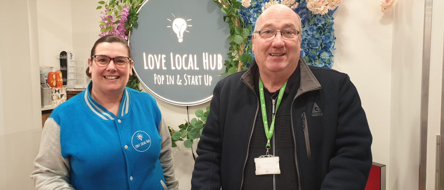 Owner of Love Local Hub stood beside Cllr Robin Bradburn