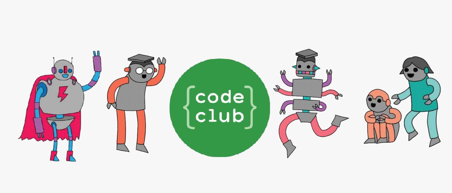 Cartoon robots alongside the Code Club logo.