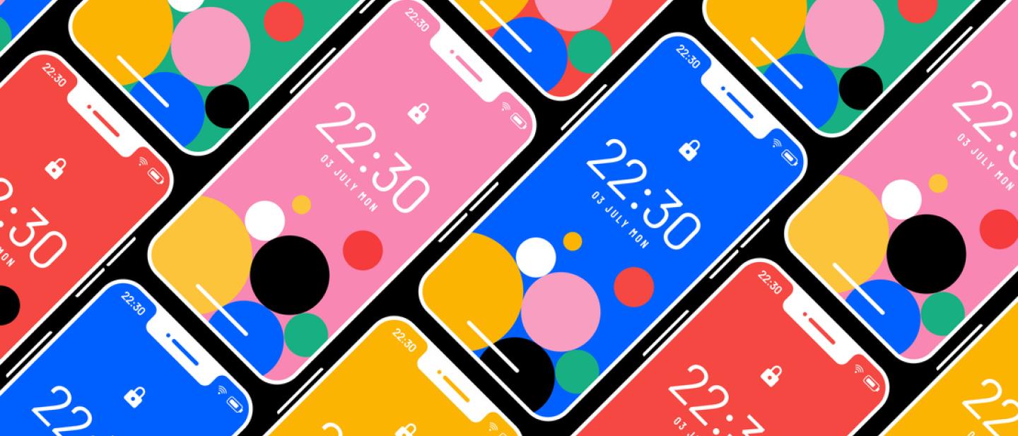 Bright graphics showing a grid of mobile phone screens diagonally across the image.