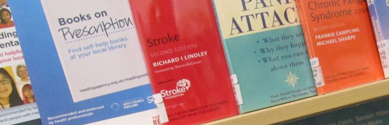 'Books on Prescription' scheme books on a shelf.