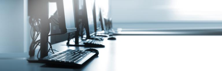 Row of computer screens and keyboards