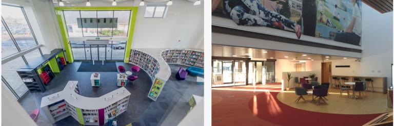 Photos of Kingston Library foyer and Central Library foyer