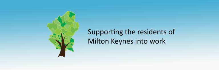 Tree designed to use the map of Milton Keynes as the leaves and the words "Supporting the residents of Milton Keynes into work"