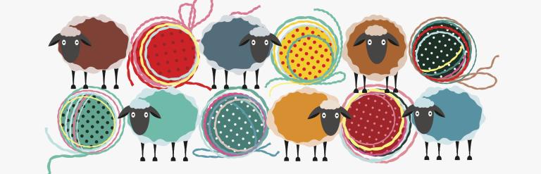 Bright colourful cartoon sheep and balls of wool