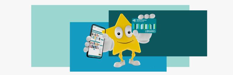 Cartoon character holding a mobile phone and library card