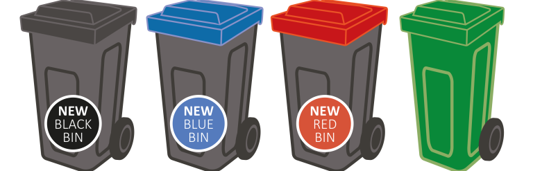 Black, red, blue and green wheeled bins in a line