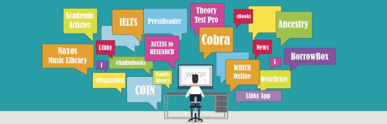 Graphic of a man at a computer with speech bubbles all around showing the various online resources available to him.