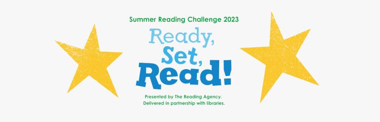 Two stars beside the illustrated title banner that reads: Summer Reading Challenge 20203 Ready, Set, Read! presented by The Reading Agency. Delivered in partnership with libraries.