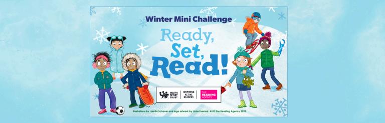 The Ready, Set, Read Winter Mini Challenge illustrated heading along with the six cartoon characters