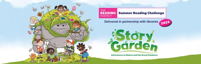 The Summer Reading challenge illustrated characters next to the text 'Story Garden'