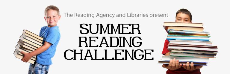 Heading "The Reading Agency and Libraries present SUMMER READING CHALLENGE" and two young boys holding stacks of books.