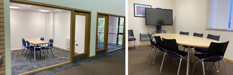 Two meeting pods with glass walls at Central Library and one enclosed meeting room with boardroom style table.