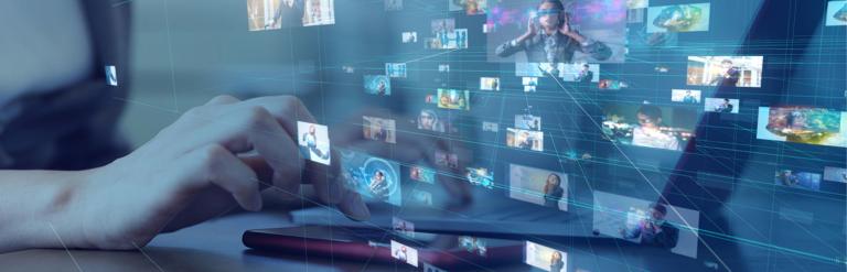 A hand typing on a laptop keyboard with various screenshots floating across the image.