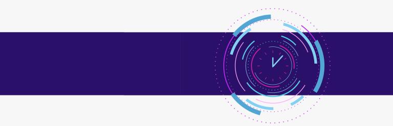 A modern graphic design showing a clock face on a blue rectangle.