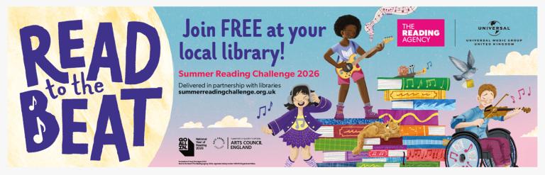 The Summer Reading challenge illustrated characters next to the text 'Read to the Beat'