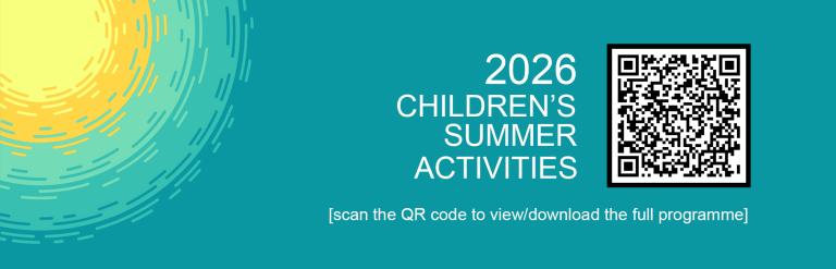 A stylised sun in the sky with QR code to download the Summer Activities Programme. Text says: 2026 Children's Summer Activities.