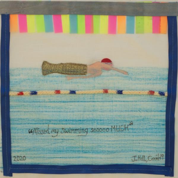Fabric paint  showing a mermaid swimming in a swimming pool lane. Text reads: "missed my swimming sooooo MUCH" Jo Hall, Covid-19 2020