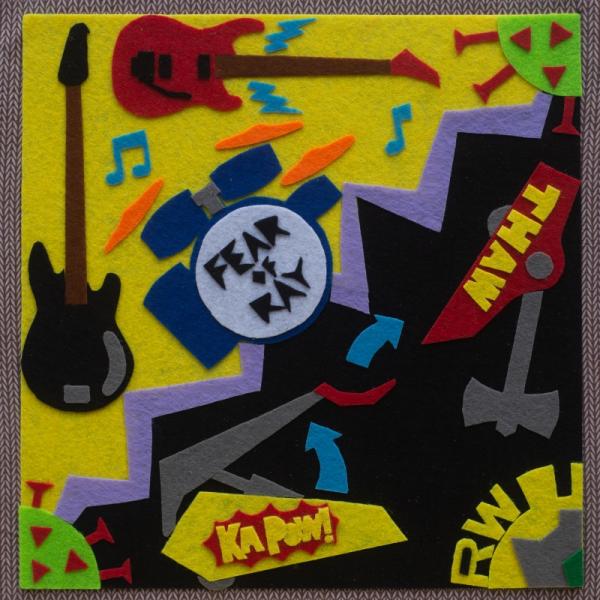A felt square with bright images showing guitars, music notes, a coronavirus, drumkit and combat robots. Text reads: FEAR OF RAY, KAPOW, THAW.