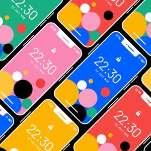 Bright graphics showing a grid of mobile phone screens diagonally across the image.